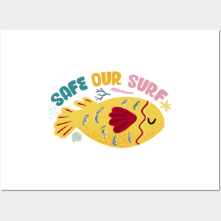 Safe our Surf quote with cute sea animal fish, starfish, coral and shell Posters and Art